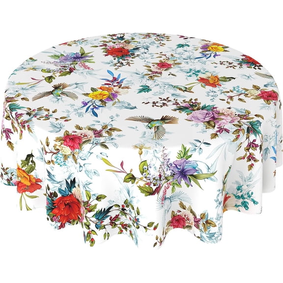 Spring Summer Floral Tablecloth Round 60 Inch, Outdoor Tablecloth Vintage Birds Flower Table Cloth Decor for Dinner Party Picnic