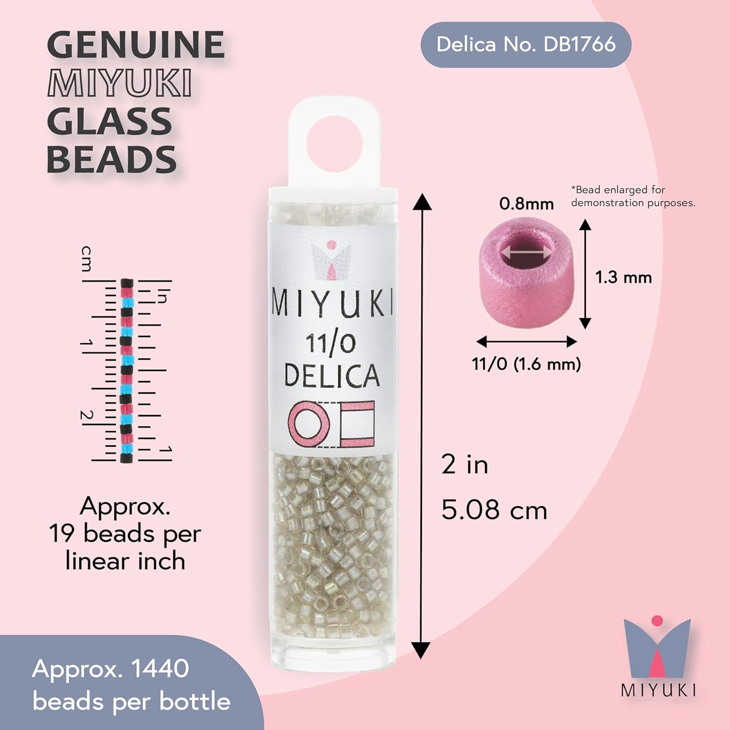 Miyuki Delica Seed Beads – Size 11/0 (1.6 mm), DB1766, Sparkling Celery-Lined Light Tea Rose AB, 7.2 g, Approx. 1440 Beads