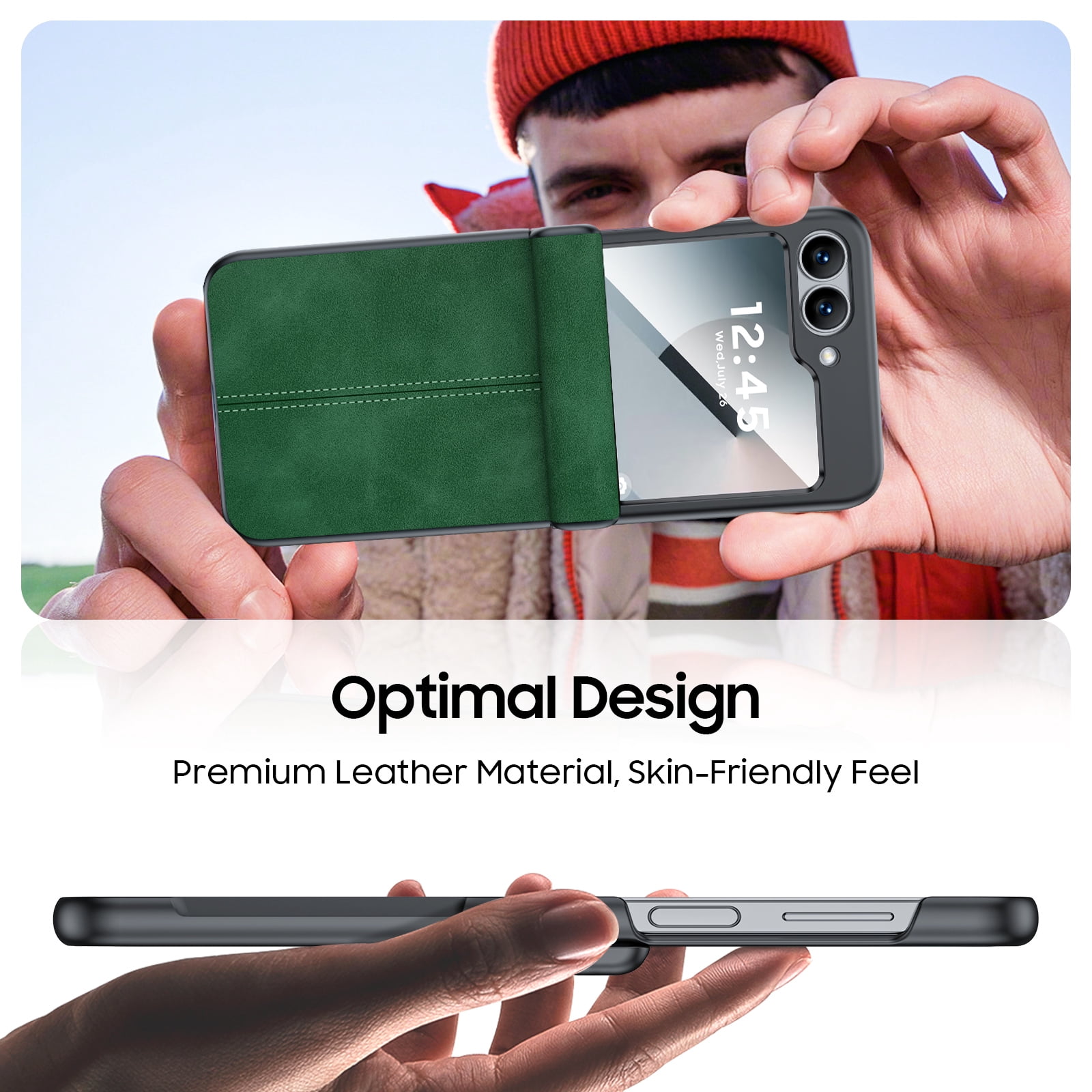 Oupeigar for Samsung Galaxy Z Flip 6/7FE Phone Case With Hinge Protection & Screen Protection,Ultra Thin Leather Shockproof Cover Case-Green