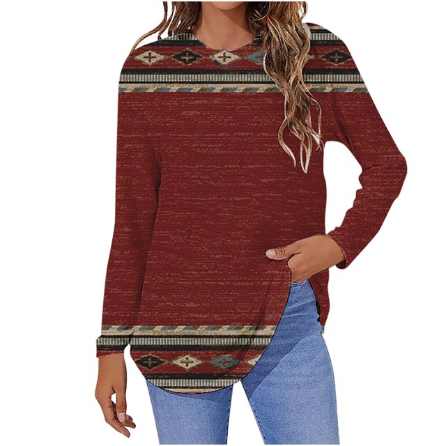 Camiseta de moda sexy informal para mujer, blusa estampada de manga larga con cuello redondo y fruncido Pompotops FGAJ7248