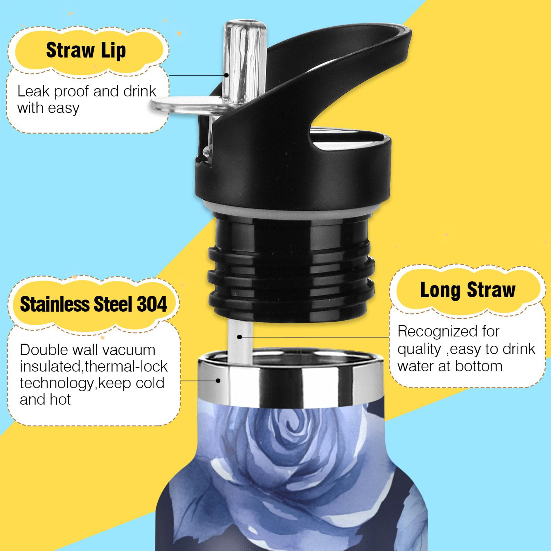 600ML Stainless Steel Insulated Cup Sports Water Bottle Portable Thermos Cup Water Glasses Insulated Tumblers Convenient and Durable Teal Roses Seamless