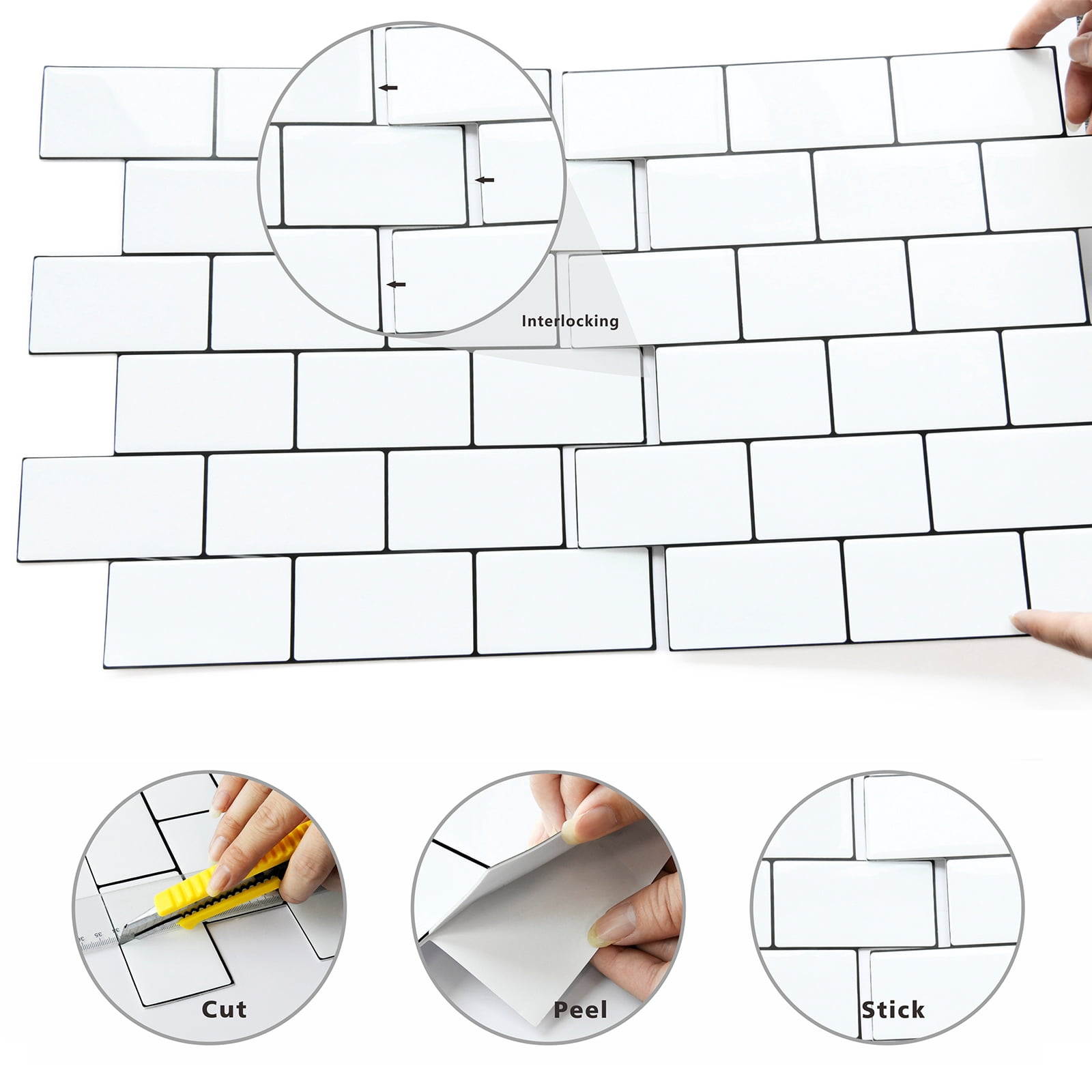 10-Sheet Peel and Stick Backsplash Subway Tile, 12" x 12" Self Adhesive Stick on Wall Tiles for Kitchen Bathroom (White)