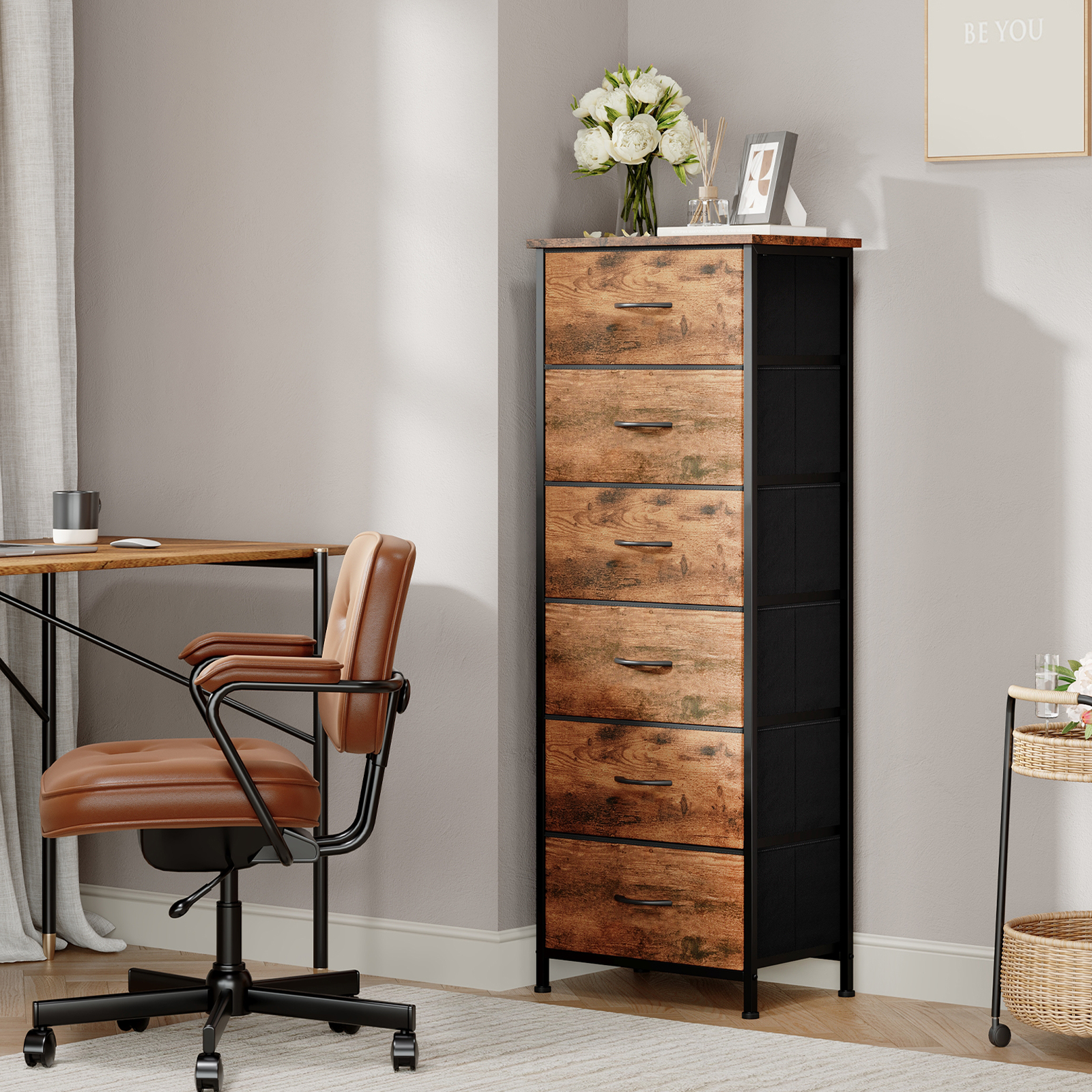 Eunos 6-Drawer Fabric Dresser, Wood Grain Print photo 3