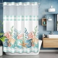 thumbnail image 6 of No Hook Shower Curtains with Snap-in Liner Set, Nautical Coastal Waterproof Hotel Style Bathroom Shower Curtain, Summer Sea Corals Shells Starfish Green Plaid Mesh Top Bath Curtains 72''x84'', 6 of 9