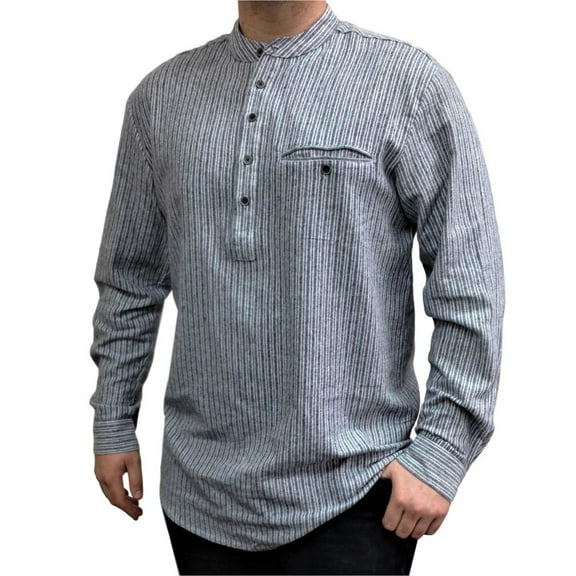 Lee Valley Genuine Irish Striped Cotton Flannel Grandfather Shirt Men's Grey
