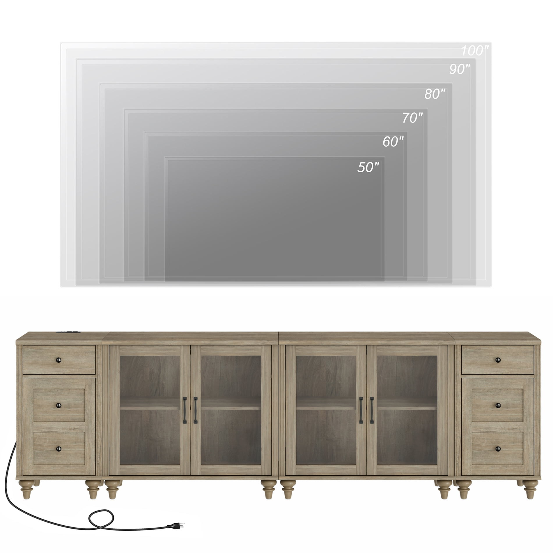 WAMPAT TV Stand for 100 Inch TV, TV Console Table for 85 90 95 Inch TV, Farmhouse Entertainment Center with Charging Station & Glass Door, Kitchen Sideboard Buffet Cabinet for Dining Room, Wash Grey