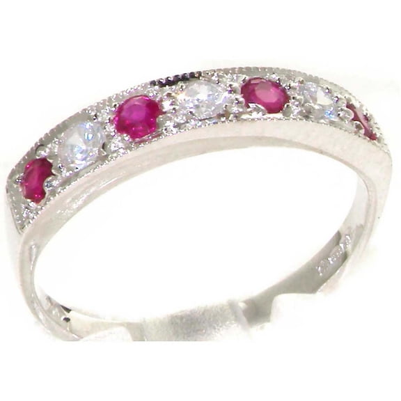 LBG 10k White Gold Natural Diamond and Ruby Womens Band Ring (0.18 cttw, H-I Color, I2-I3 Clarity)