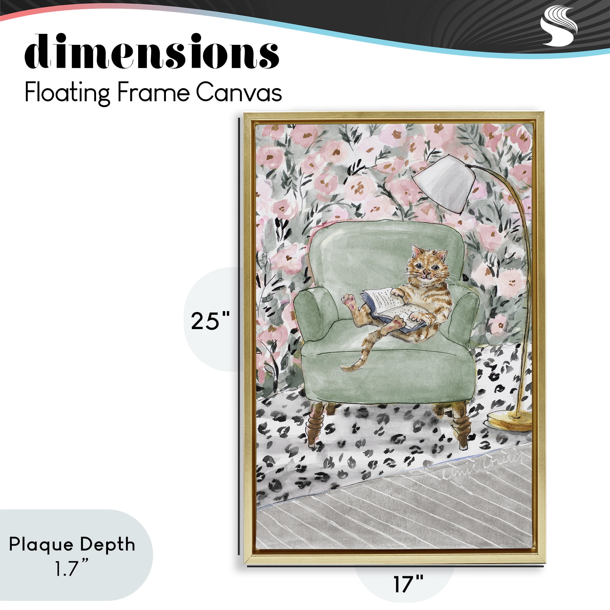 Stupell Industries Cozy Cat Reading Gold Framed Floater Canvas Wall Art, design by Lanie Loreth