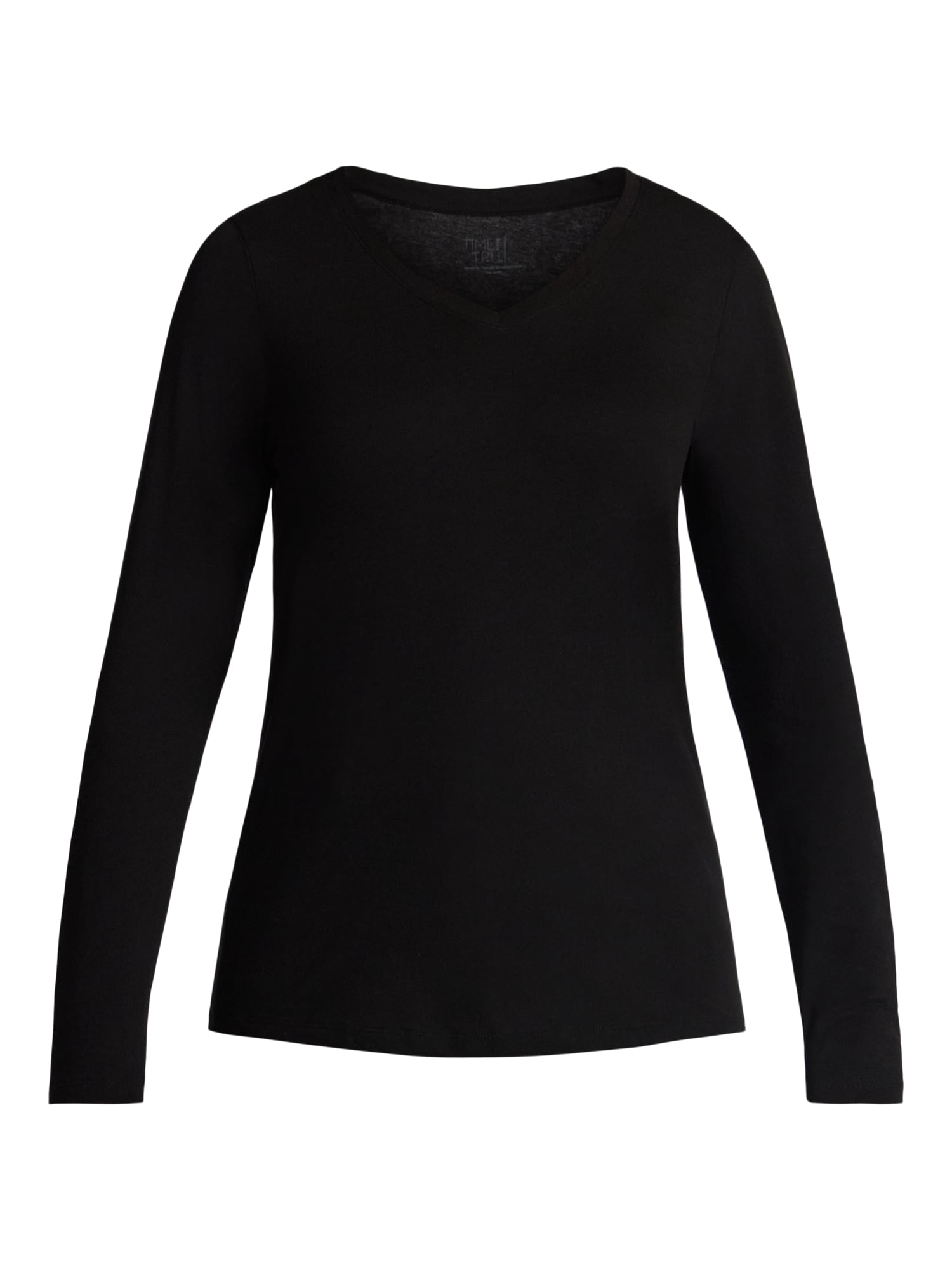 Time and Tru Women's Cotton V-Neck Tee with Long Sleeves, Sizes XS-XXXL