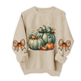 thumbnail image 4 of DeeHomeMo Women Round Neck Pullover Sweatshirt, Long Sleeve Pumpkin Bow Graphic Loose Fit Top, Ribbed Hem Cuffs Soft Sweatshirt Fabric for Fall Family Gathering Khaki,S, 4 of 5