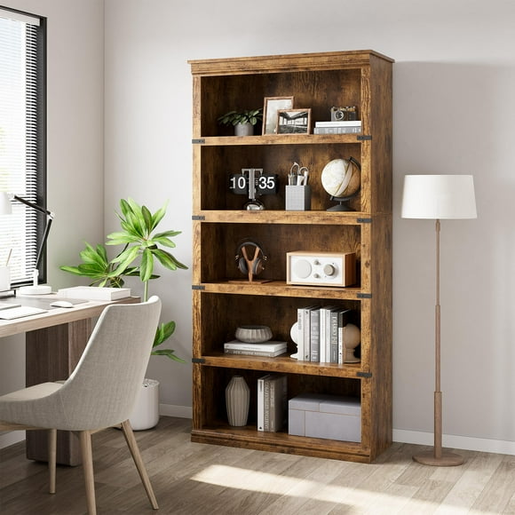 TROPOW 5 Tier Bookcase, Farmhouse Book Shelf with Storage Open Display Bookshelves, 67.4" Tall Book Case Wooden 5 Shelf Bookcase Home Decor Furniture for Home Office, Living Room, Bed Room - Retro