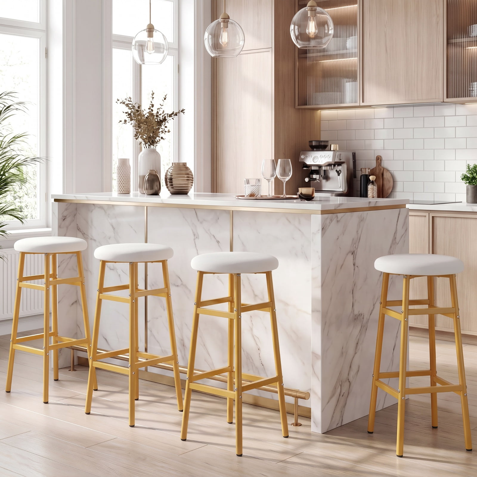 Furnibear Backless Bar Stools Set of 2 Linen Padded Metal Frame with Footrest