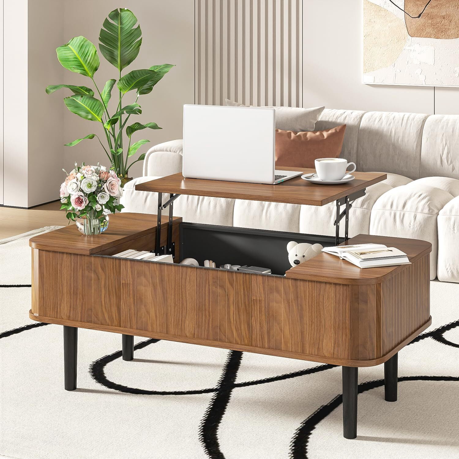 Fsbecl Mid-Century Modern Wood Coffee Table with Storage, Rectangle, Brown