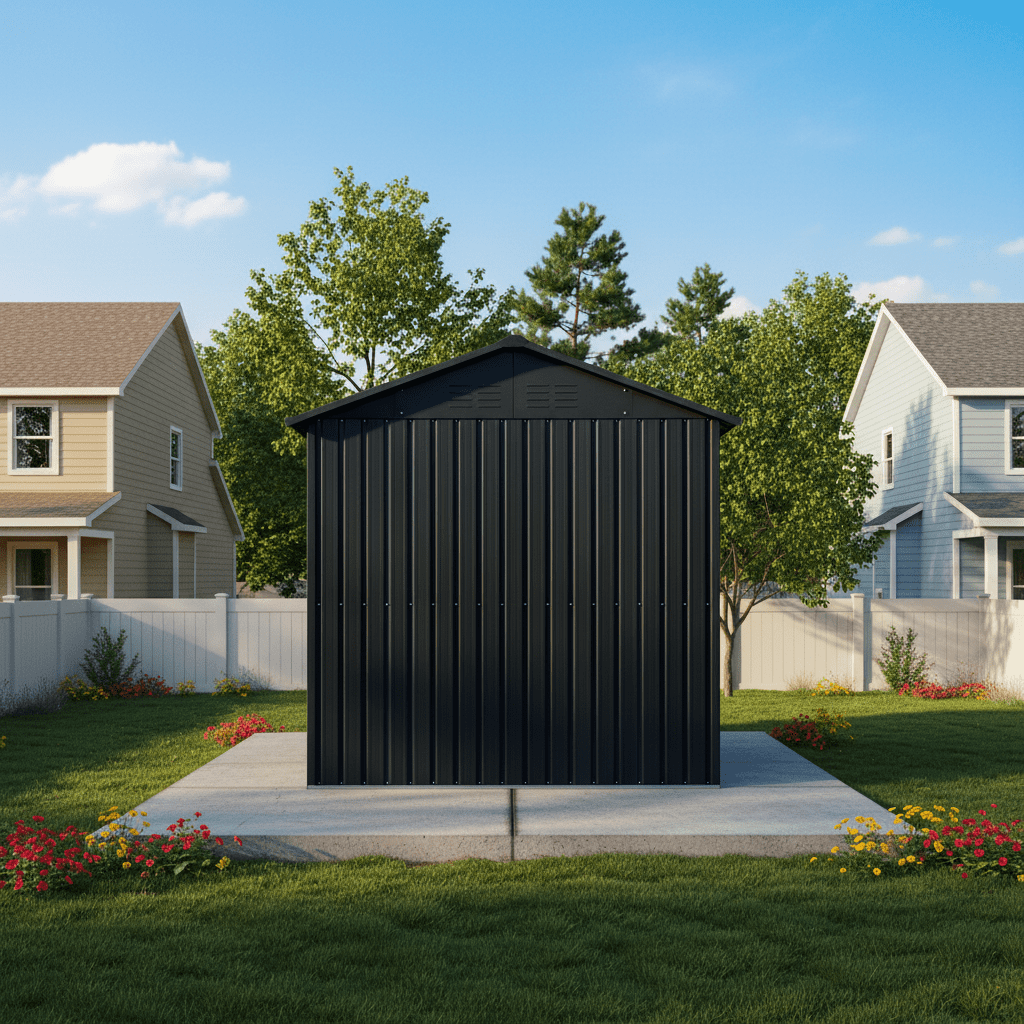 Mintazer 8×6ft Metal Outdoor Storage Shed with Lockable Sliding Doors & Window, Weatherproof Garden Tool Shed, Black