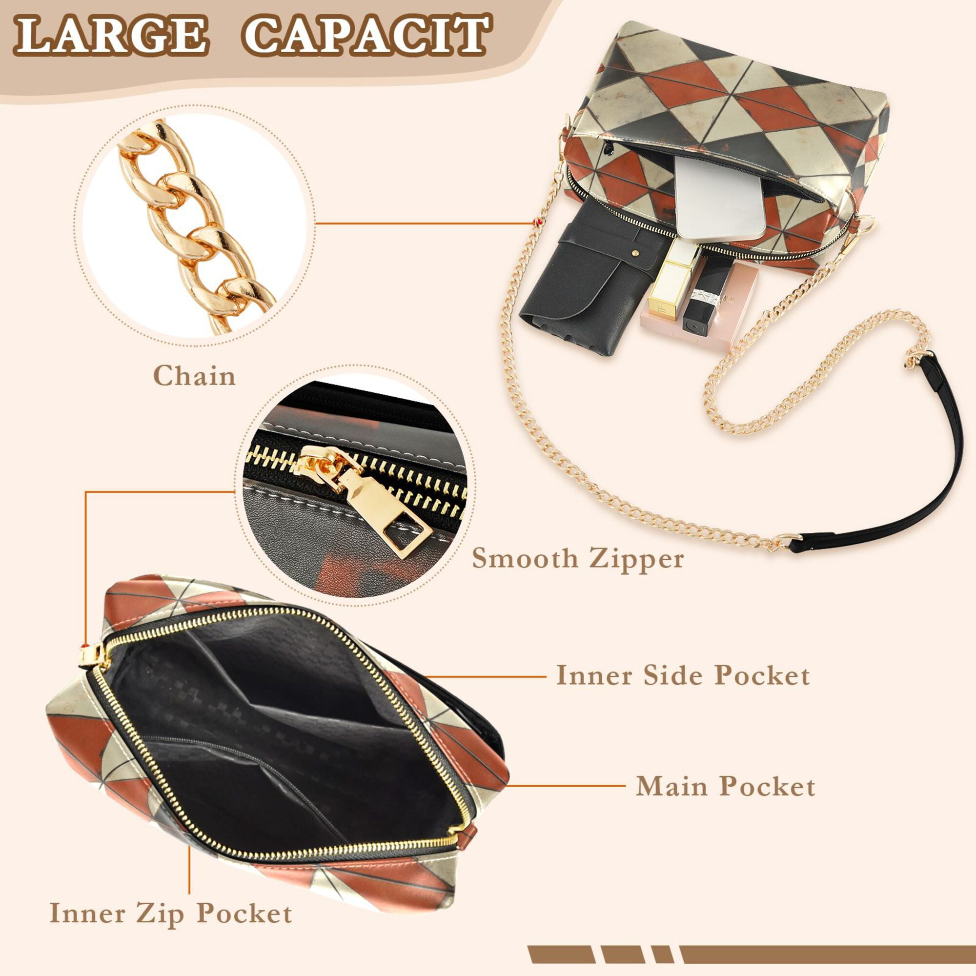 FORMRS Women Crossbody Purse with Chain Strap Vegan Leather Shoulder Handbag, Checkered Pattern