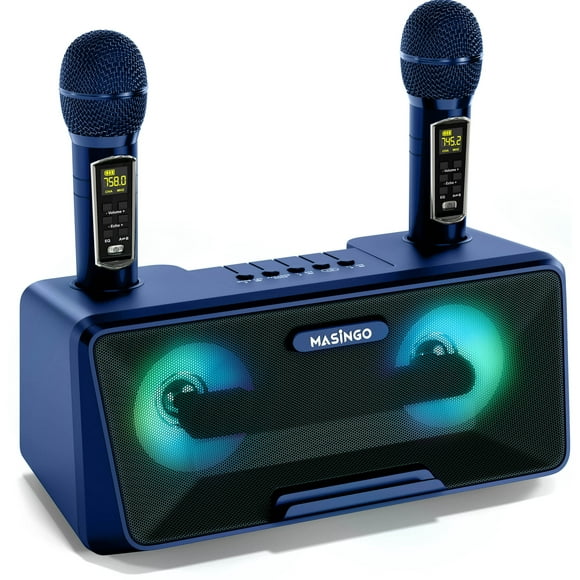 MASINGO Machine de Karaoké pour Adultes et Enfants avec 2 Microphones Sans Fil, Haut-Parleur Chant Bluetooth Portable, Lumières LED Colorées, Système PA, Support d'Affichage de Paroles et Câble de Télévision - Presto G2 (Bleu)
