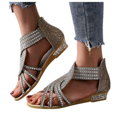 

YanHoo Rhinestone Sandals for Women Cute Dressy Gladiator Strap Sandals Flat Fisherman Thong Cross Strappy Sandals Ladies Casual Low Wedge Bohemian Beach Shoes