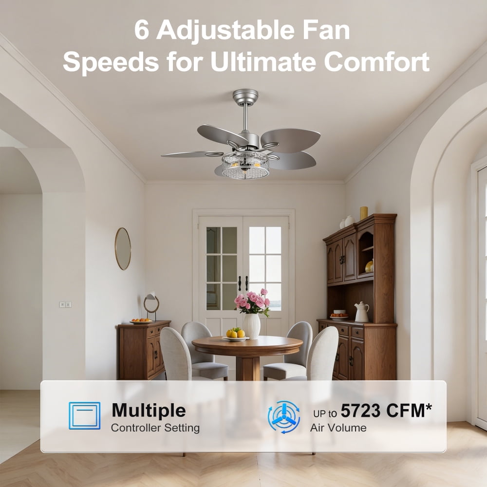 42" Ceiling Fan, Indoor  Ceiling Fan With Light with Remote Control, Noiseless Reversible Motor, 6 Speed ,3 for Patio Living Room, Bedroom, Office,Indoor--Sliver