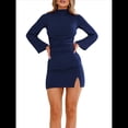 thumbnail image 1 of Vestido de Mujer con Mangas Largas Cruzadas, Volantes, Dobladillo Ajustado, Abertura, Cuello Medio Alto, Falda Corta, Cintura Ajustada. Azul Marino S, 1 of 9