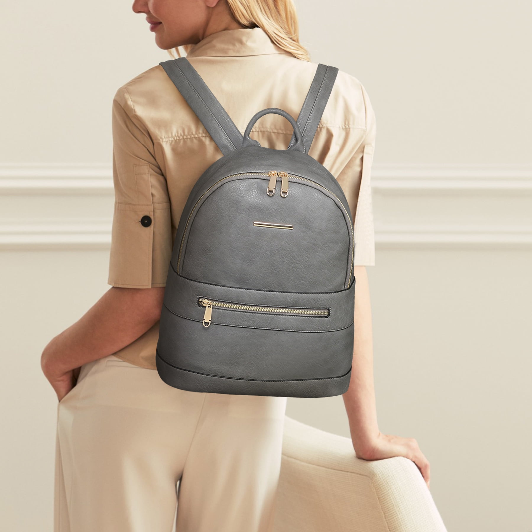 Women Dark Apricot PU Leather lightweight Fahsion 3-Pieces Backpack Shoulder Bag Mini Backpack for Women Light Weight Small Waterproof  main image 2