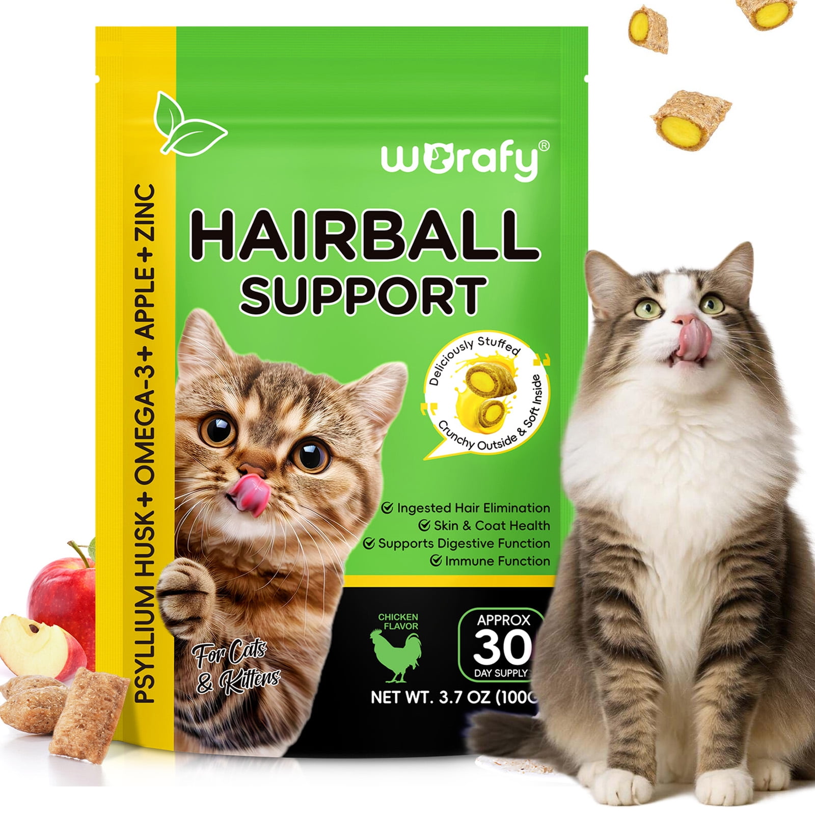 Cat Hairball Control Treats with Omega Oils – Hairballs Relief, Support Healthy Digestion and Skin & Coat Care Dry Food, Chicken Flavor, 3.7oz