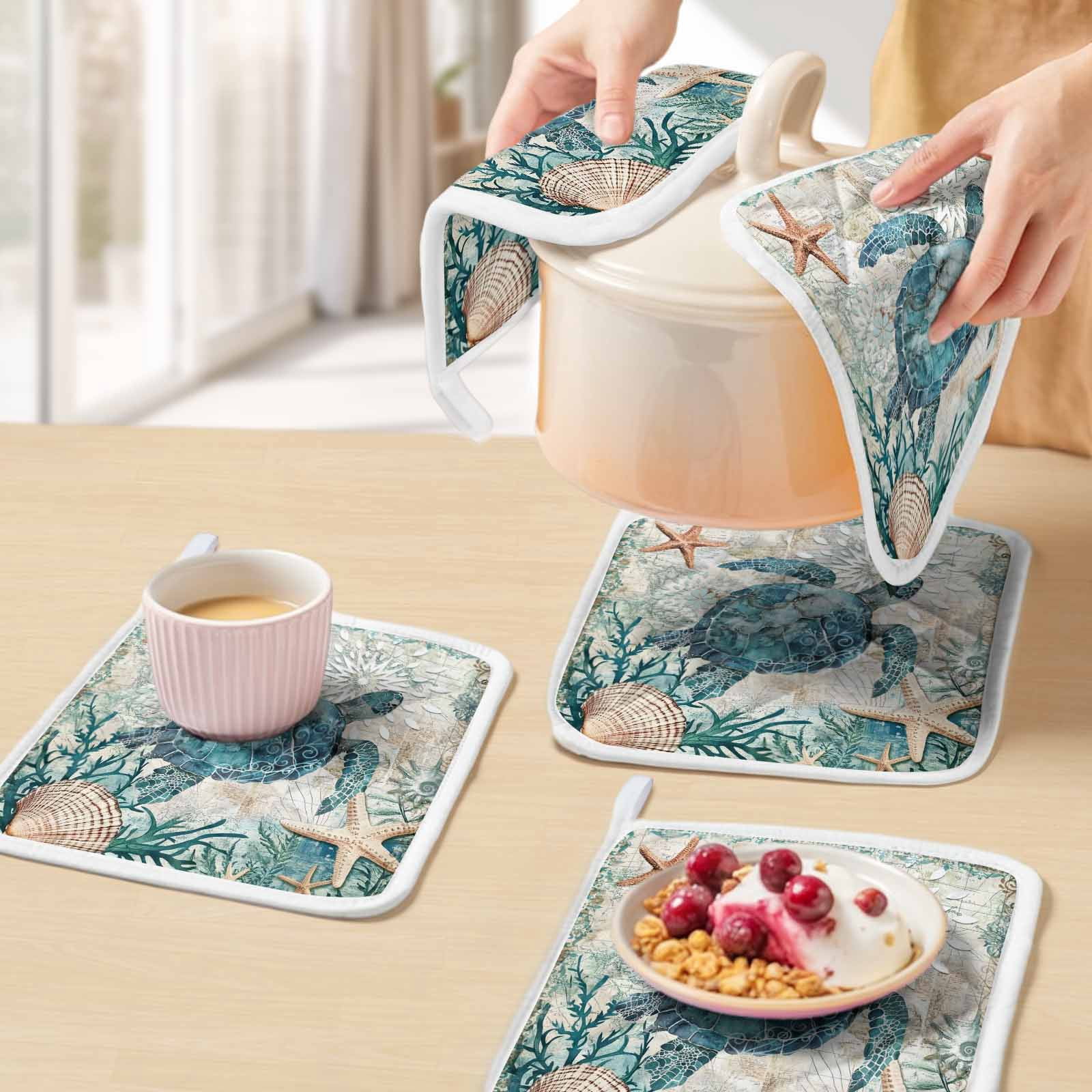 Teal Coastal Turtle Pot Holders for Kitchen Heatproof Potholder, 4 Pack Vintage Summer Beach Nautical Coral Hot Pads Multipurpose Oven Pads Cloth Potholders Trivet for Cooking and Baking