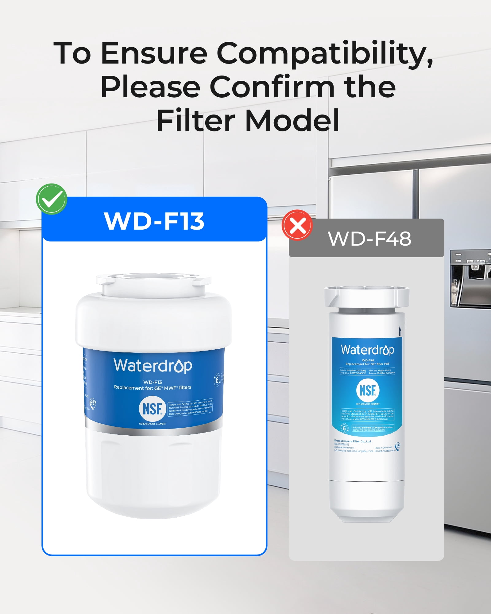 Waterdrop WD-F13 Replacement for GE® MWF®, SmartWater® MWFP, MWFINT, MWFA, GWF, HDX FMG-1, Kenmore® 9991, GSE25GSHECSS, WFC1201 Water Filter, 3 Pack