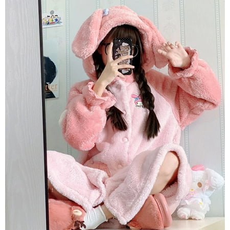 

CoCopeaunt Sweet Hooded Princess Pajamas Women Winter Coral Velvet Thick Cute Bathrobe Nightdress Pink Kawaii Cartoon Nightgown Homewear
