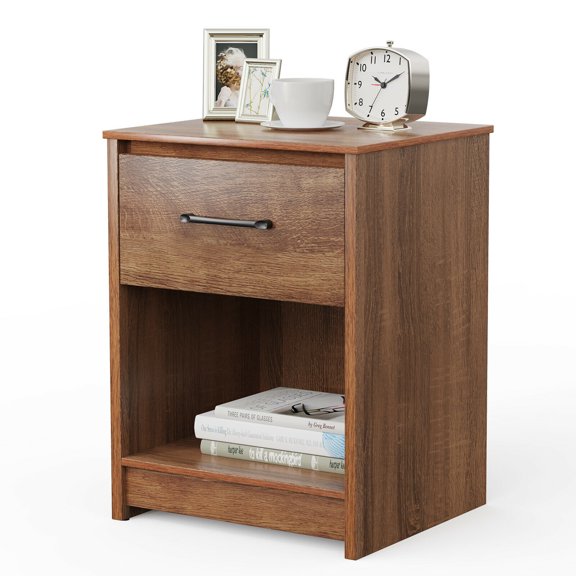 Gymax Nightstand with Drawer Storage Shelf Wooden End Side Table Bedroom Brown