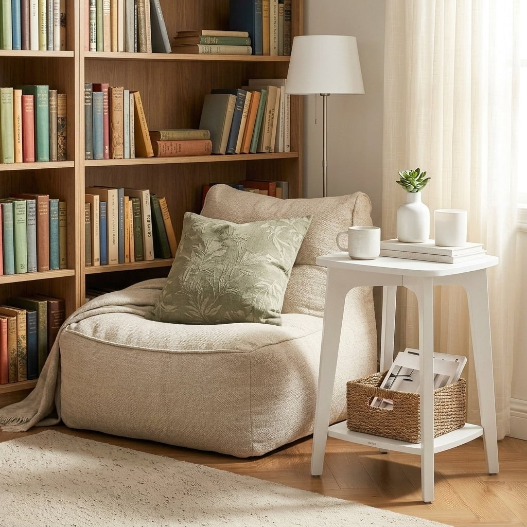 Ledrem Modern Living Room Accent Side End Table with Storage Shelf, White Particleboard, Square, 2-Tier Edit