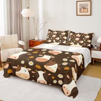 Homewish Kawaii Cow 4pcs Bed Sheets for Children Boys Girls,Flower Farmhouse Animal King Sheets,Chic Floral Daisy Super Cozy Sheet Set,Lightweight Room Decor
