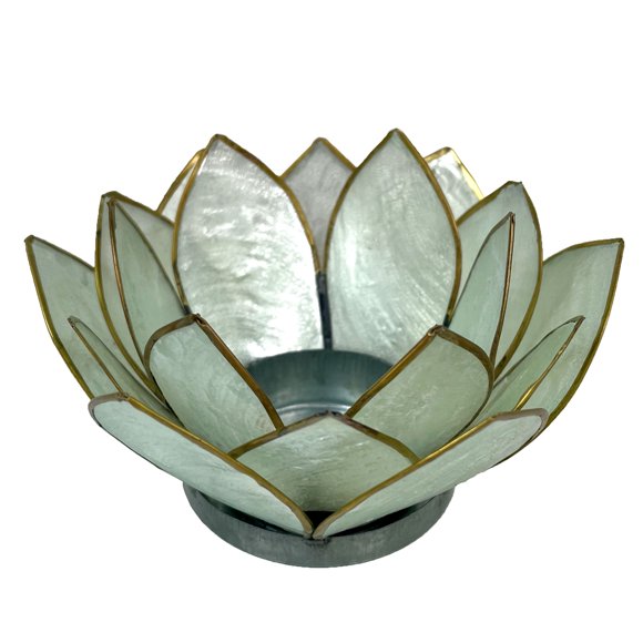 Seafoam Green Capiz Shell Blooming Lotus Flower Blossom Tealight Candle Holder