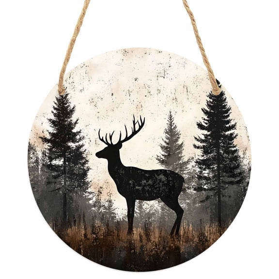 Forest Elk Round Front Door Welcome Sign, 5.9 Inch Wall Hanging Decor for Indoor Outdoor, Rustic Nature Tree Retro Deer Silhouette Home Porch Hanger Decorations for Holiday Gift