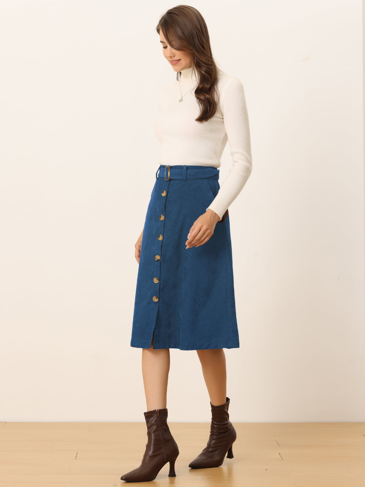 DARING DIVA Women's A-Line Button Front Belted Midi Skirts XL Peacock Blue