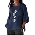 thumbnail image 3 of Fengqque Cotton Linen Tops for Women Casual Summer Crewneck Printing T-Shirt 3/4 Sleeve Loose Fit Tees Blue-A M(M), 3 of 6