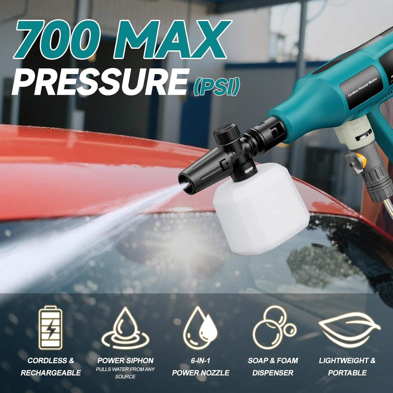Cordless Pressure Washer for Makita 18V Battery, 6-in-1 Nozzle, 4-Speed Powered Pressure Washer, 700PIS Portable Handheld  Power Washer with 4.0Ah Battery & Charger for Car Floor Fence