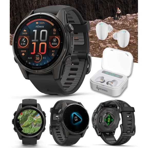 Garmin fenix 8 - 43 mm Sapphire, AMOLED, Carbon Gray DLC Titanium with Black/Pebble Gray Silicone GPS Smartwatch with White Earbuds