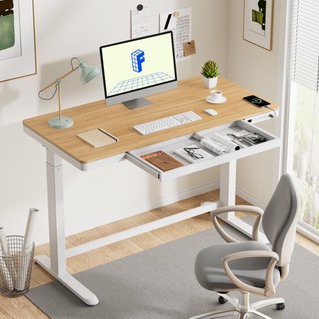 UPC: 0810072791214 | FLEXISPOT 48  W Home Office Height Adjustable Standing Desk White and Maple with USB Charge Ports and Embedded Drawer