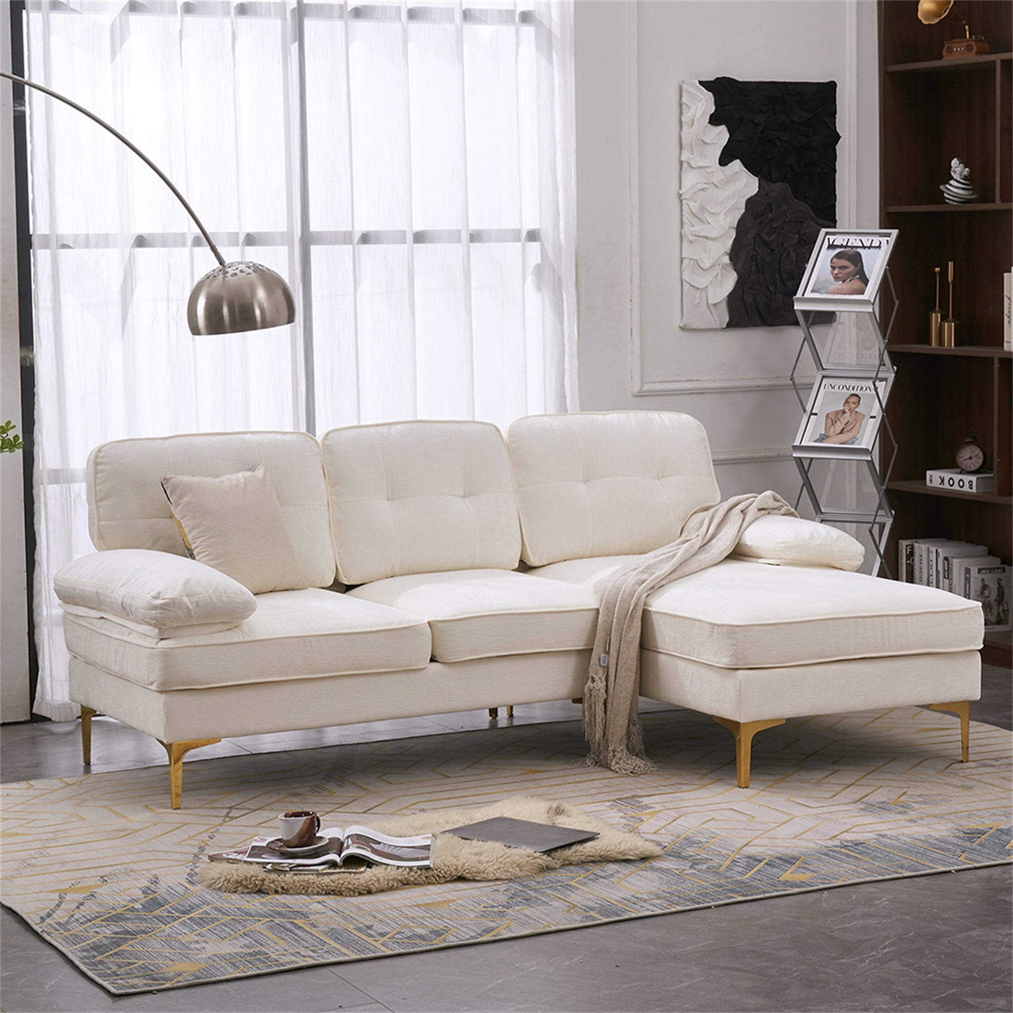 Yardi Yard Living Room Modular Sofa L Shaped Couch with Golden Metal Base, White Yardi Yard Living Room Modular Sofa L Shaped Couch with Golden Metal Base, White