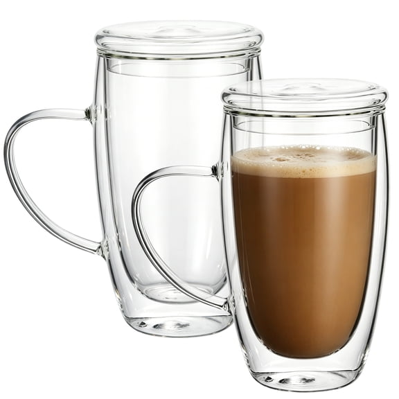 2 Pack Double Walled Glass Coffee Mugs with Lids – 15 oz High Borosilicate Glass Drinkware, Clear Cups with Handles for Espresso, Latte, Tea & Juice
