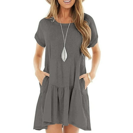 Formal Dresses Women  Linen Casual Ruffle Round Neck Short Sleeve Loose Midi Dress With Pockets Wedding Guest Cocktail Party Beach Sundress Men S Shoes Summer Dresses Cocktail (XXL  Gray) ZMTing