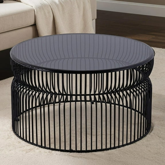 CT901 Black Coffee Table with Tinted Tempered Glass Top & Metal Frame|Modern Design|Suitable for Small Spaces