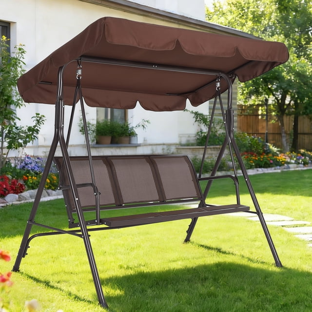 Balançoire de Porche Extérieure à 3 Places avec Support, Auvent Réglable et Textilène Imperméable, Chaise Balançoire à Cadre en Acier Robuste pour Cour Arrière, Véranda avant, Pelouse et Décoration de Jardin