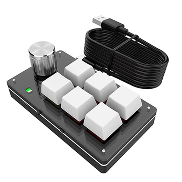 Clavier RVB Filaire à une Main Mini Clavier Mécanique USB Clavier Personnalisé Clavier Programmable Macro avec six Touches Personnalisables, un Bouton en Métal pour le Contrôle de la Musique et une interface Type-C plug-and-play. Conception Légère et portable en Matériau ABS Noir avec Capuchons de Touches Blancs, Idéal pour le Jeu, le Travail de Bureau et le Contrôle des Médias. Comprend un Câble de Chargement USB.