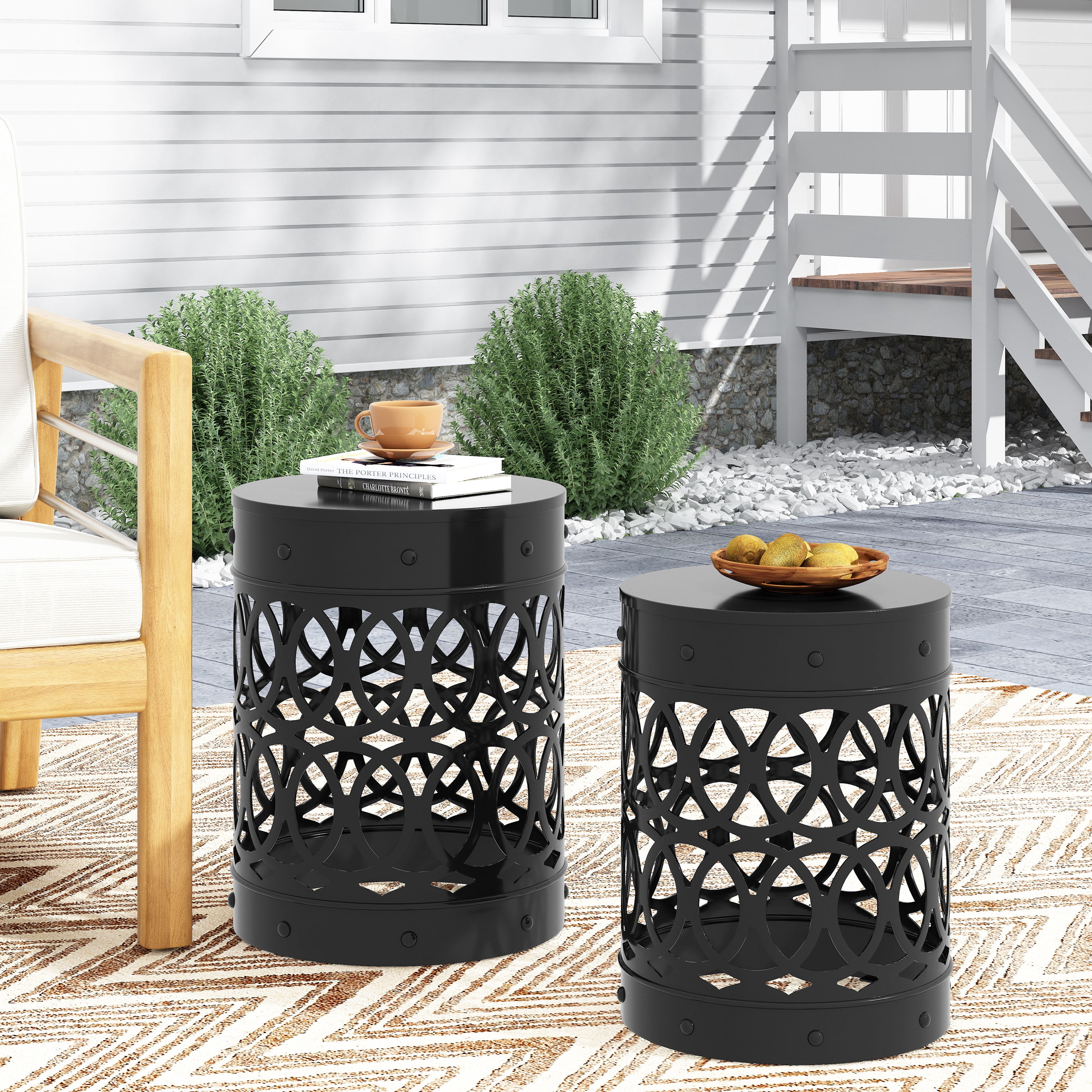 Mintazer Outdoor Side Table Set of 2, Modern Iron Cut PatioTable with Overlapping Circle Pattern, Black