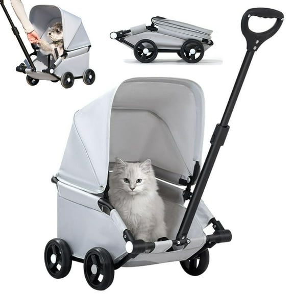 4 Wheel Pet Dog Stroller, Foldable Carrier Strolling Cart with Sunshine Cover, Travel Carrier Pet Stroller for Small Dog Cat, Folding Dog Cart for Travelling Shopping Walking Playing, Gray