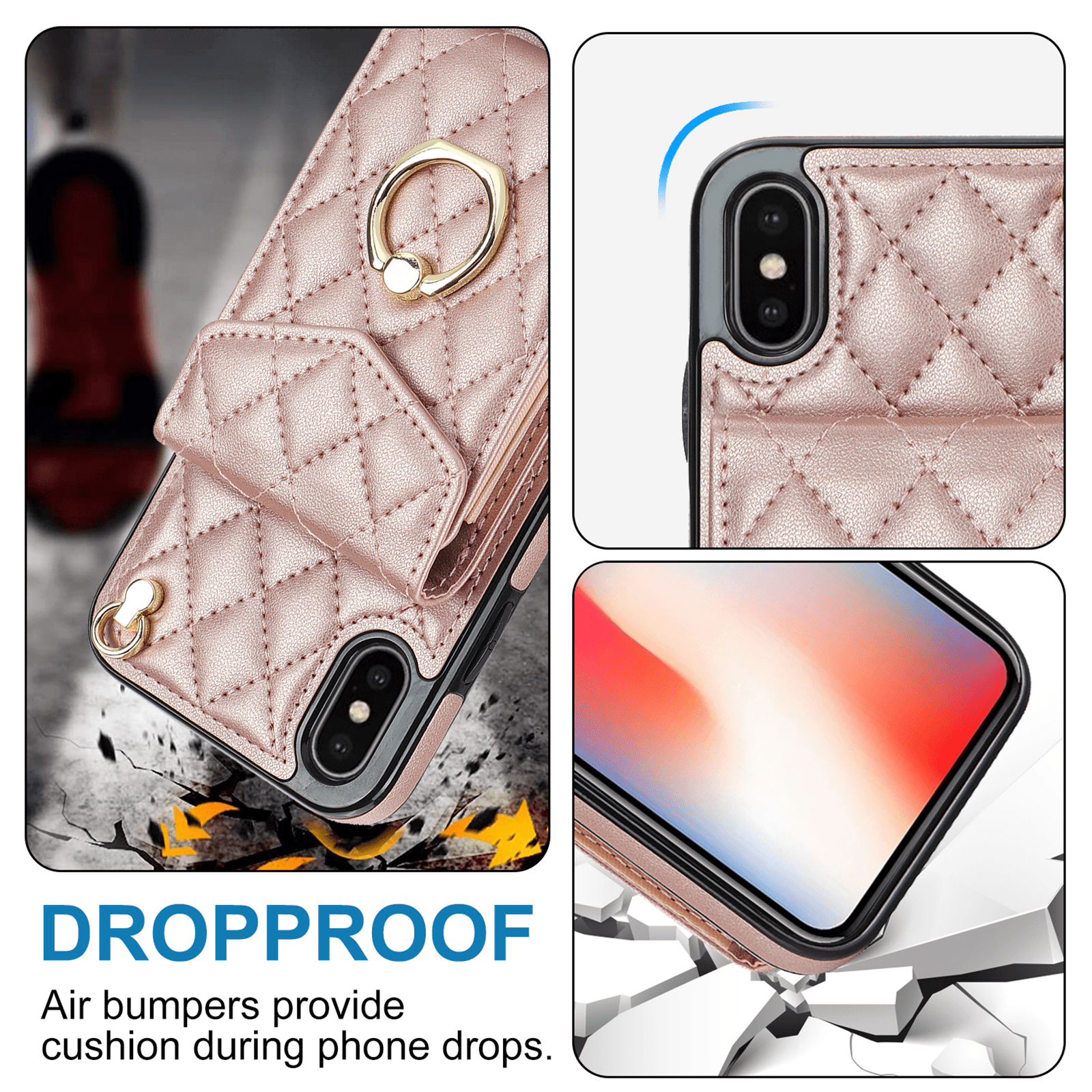 Asuwish Wallet RFID Blocking PU Leather Cell Phone Case with Tempered Glass Screen Protector, Wrist Strap for iPhone X/XS, Rose Gold