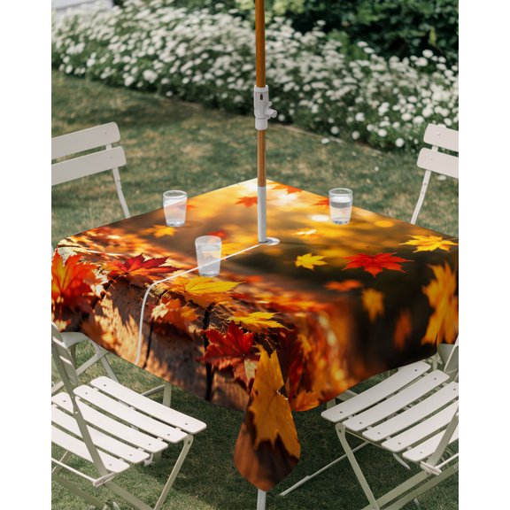 Outdoor Tablecloth with Umbrella Hole, Fall Maple Leaves Wooden Plank Zippered Table Cloth for Rectangle Tables, Thanksgiving Sunbeam Foliage Washable Waterproof Tablecloths for Picnic Patio Garden