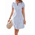 thumbnail image 3 of Women'S Casual Short Sleeve Striped Shirt Dress Notched V-Neck Midi Long Beach Dress Light Blue S, 3 of 8