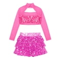 thumbnail image 4 of TiaoBug Kids Girls Sequins Jazz Hip Hop Dance Outfits Long Sleeve Cutout Crop Top Tutu Skirts Modern Dancewear Hot Pink 12, 4 of 5